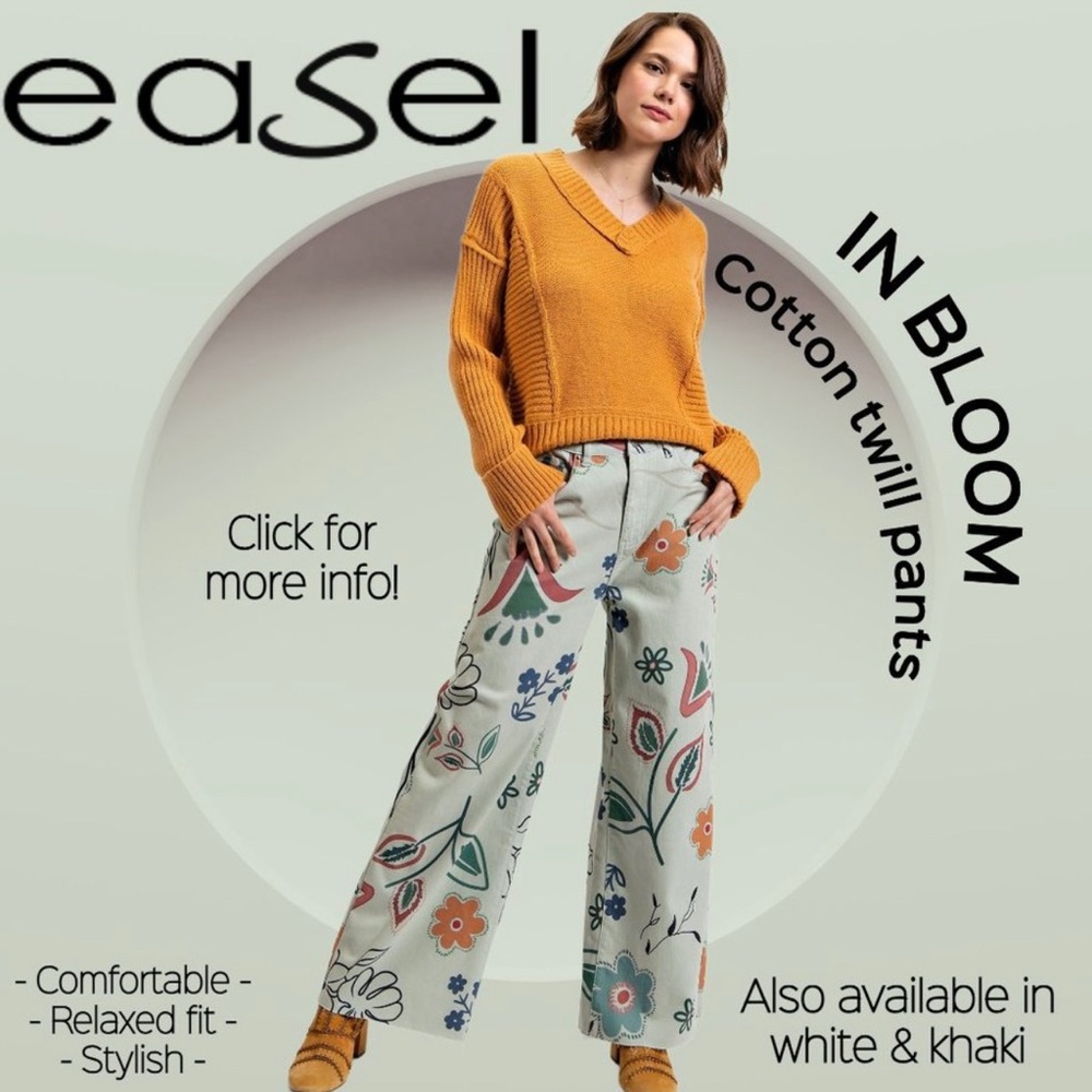 EASEL "IN BLOOM" SAGE Denim Pant Flared Leg Relaxed Fit Stretchy printed pants